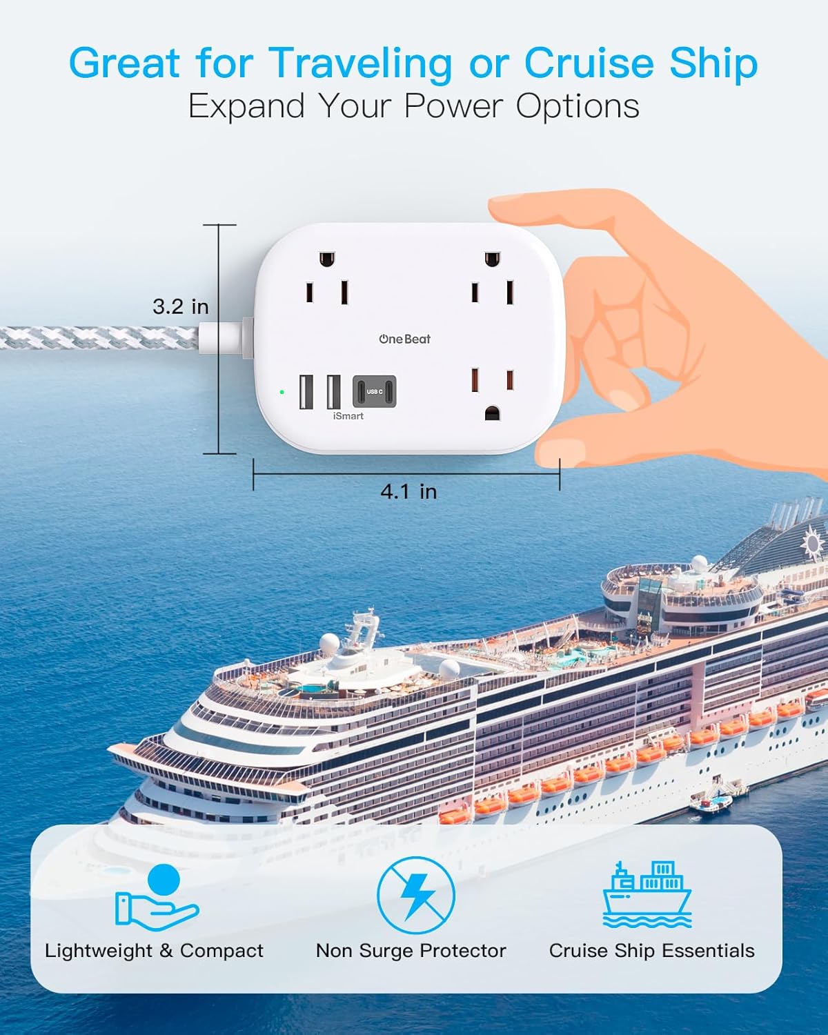Cruise Essentials 2026,One Beat Travel Power Strip with USB C,Flat Plug Extension Cord with 3 Outlets 4 USB Ports(2 USB C),6 ft Desk Wall Outlet Extender,Non Surge Protector for Cruise,Dorm Room,ETL
