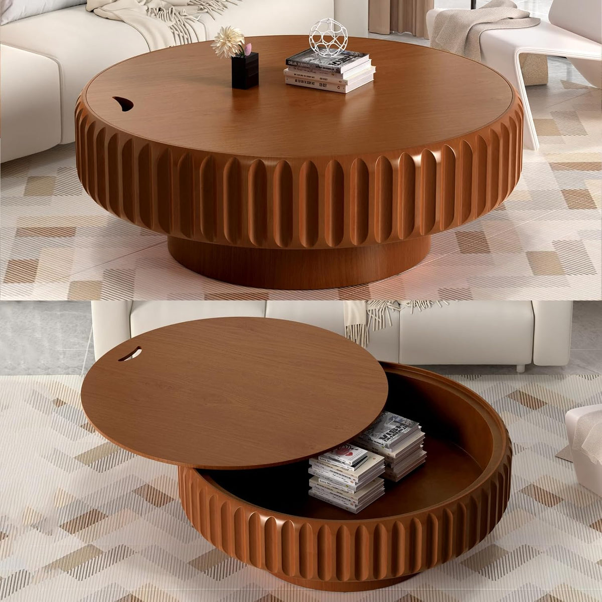 39.37" Round Drum Coffee Table with Storage (A 39.37in)