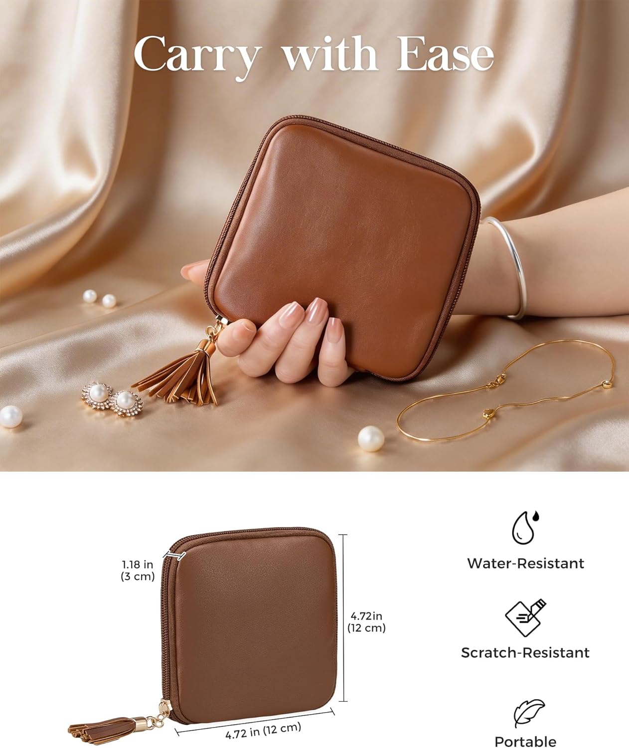 Lolalet Travel Jewelry Case Organizer, Small Jewellery Pouch with Compartments for Storage, Soft Velvet Bag for Traveling Women, Full-Zip Packing for Necklaces, Earrings, Bracelets -Brown