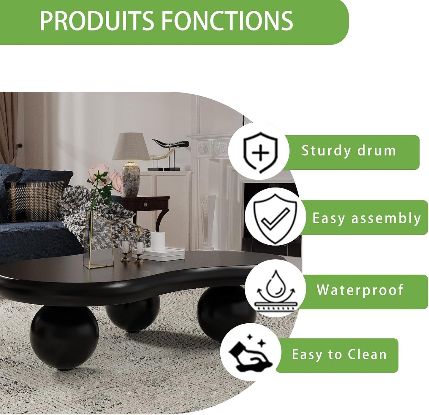 Cloud Coffee Table (D Black 46.06in) | Cute Irregular Tea Table with Large Tabletop, Cloud Shape Modern Accent Cocktail Table for Living Room, Office, Home Decor