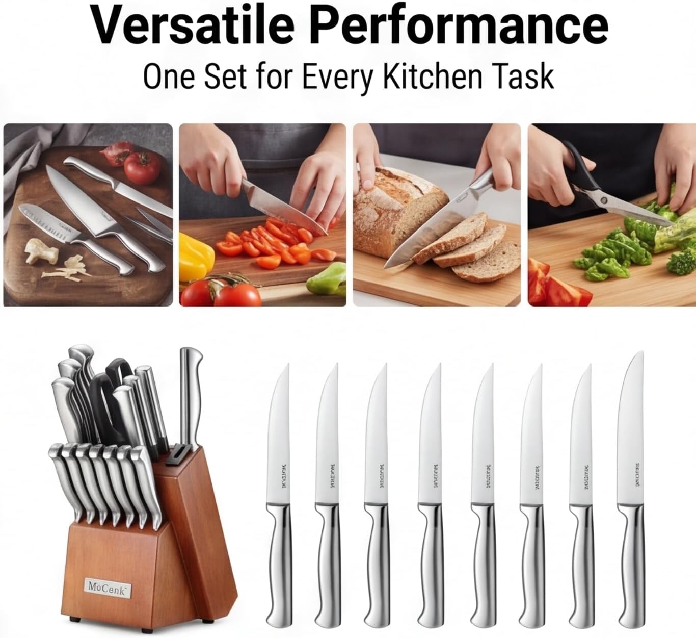 McCook® Knife Sets, German Stainless Steel Kitchen Knife Block Sets with Built-in Sharpener, 15 Piece Chef Knife and More, Razor Sharp, Restaurant Grade, Anti-Rust, Elegant Box for Gift