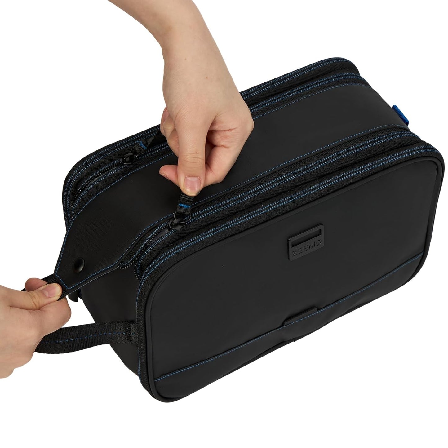 ZEEMO Travel Toiletry Bag for Men, Medium Water-Resistant Double-Sided Full-Open Dopp Kit, Versatile Organizer for Shower and Hygiene Accessories, Bathroom Essentials, Cosmetics, Black and Blue
