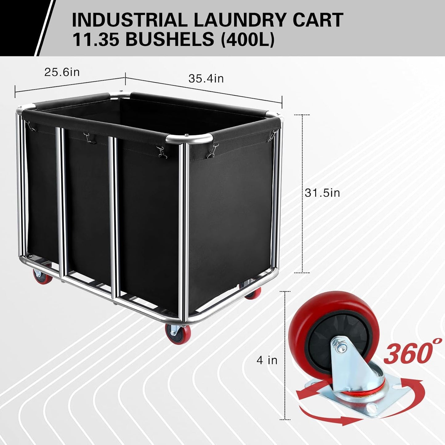 Commercial Laundry Cart with Wheels,400L Large Industrial Laundry Cart,Commercial Laundry Basket with Sturdy Stainless Steel Frame and Oxford Bag for Home Hotel Hospital 440 lbs (Black)