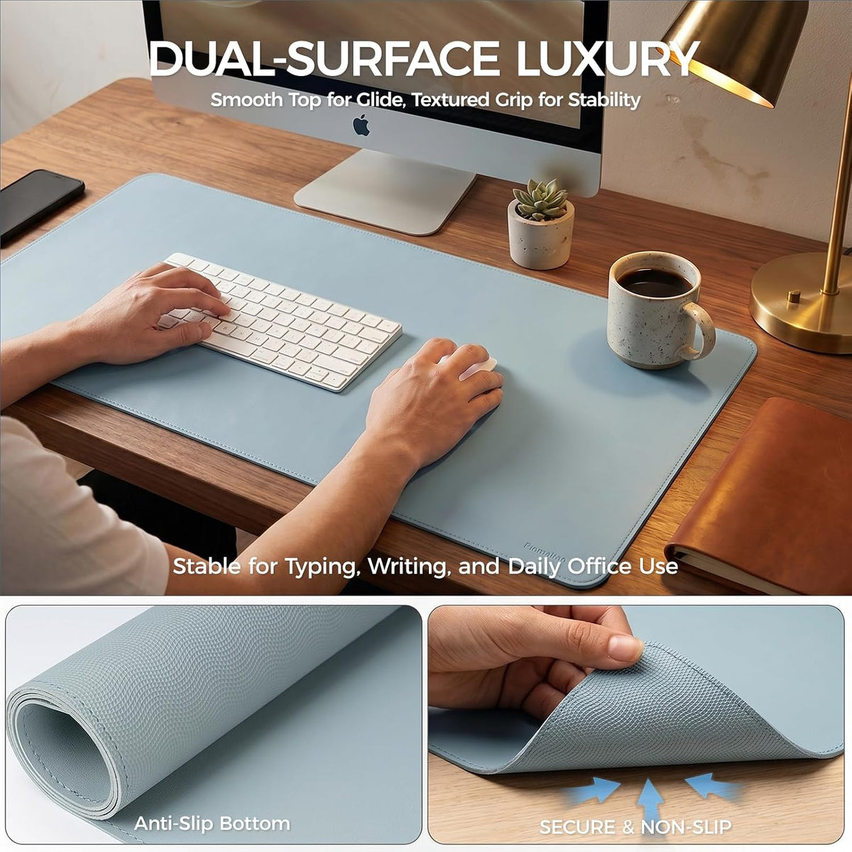Large Desk Pad Non-Slip Desk Mat Protector for Keyboard Mouse Waterproof Vegan Leather Surface Faux Leather Laptop Mat Smooth Mouse Pad Premium Gift Tube Morning Fog Blue 35" x 17"