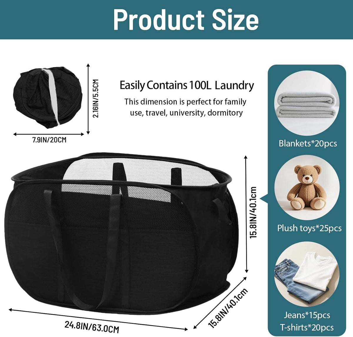 100L Collapsible Laundry Baskets, Tear Proof Pop Up Laundry Hamper with Dual Handles, Large Foldable Laundry Basket, Easy to Carry Laundry Hamper for Home, Laundry Room, Bedroom, Dorm, Travel Black