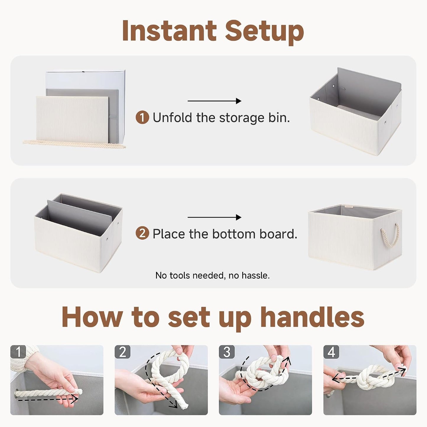 StorageWorks Fabric Storage Bins with Rope Handles, Beige, Small, 3-Pack | Fabric Storage Bins for Shelves, Storage Baskets for Closet Organization, Organizer Bins for Clothes Storage