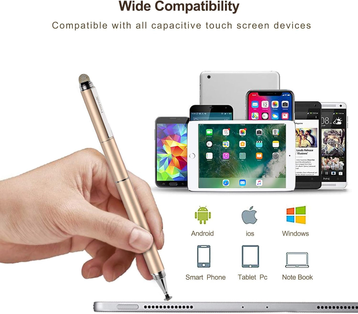 Penyeah Stylus pens for Touch Screens - [4-in-1] High Sensitivity and Precision Touch Screen Stylus Disc Tip,Black Rubber Tip & Mesh Fiber Tip Universal for All Capacitive Touch Screen Device (Gold)