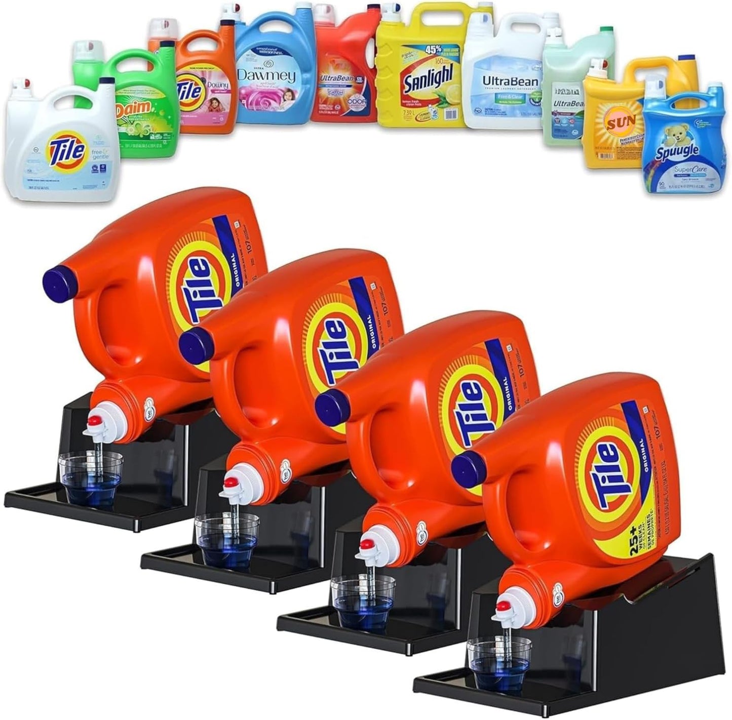 TidyFriend Liquid Laundry Detergent Holder Stand with Drip Tray & Rubber-Grip Feet, Stand for Laundry Room Organization and Storage, Fabric Softener Dispenser with Cup Holder (Black with Print)