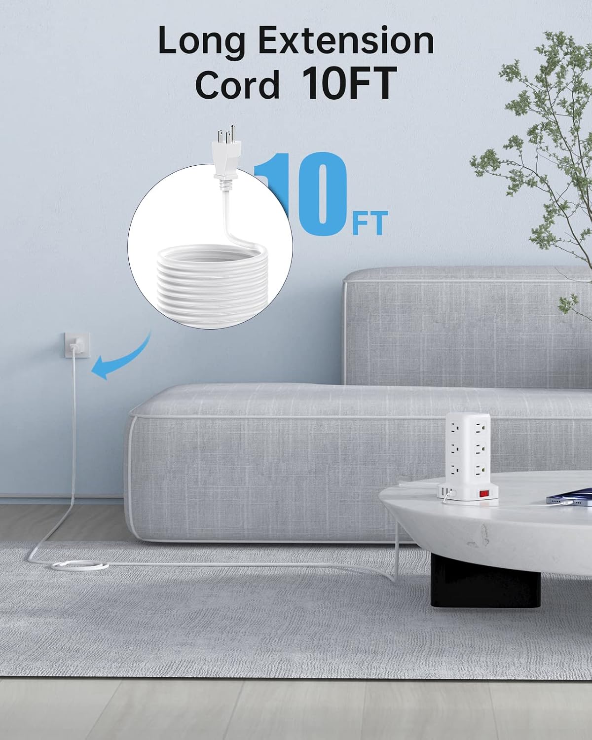AnnTane Power Strip 10 FT Cord, Power Strip Tower with 4 USB Ports (1USB C), Extension Cord with 12 AC Multiple Outlets, Home Office Supplies Desk Accessories, Dorm Room Essentials
