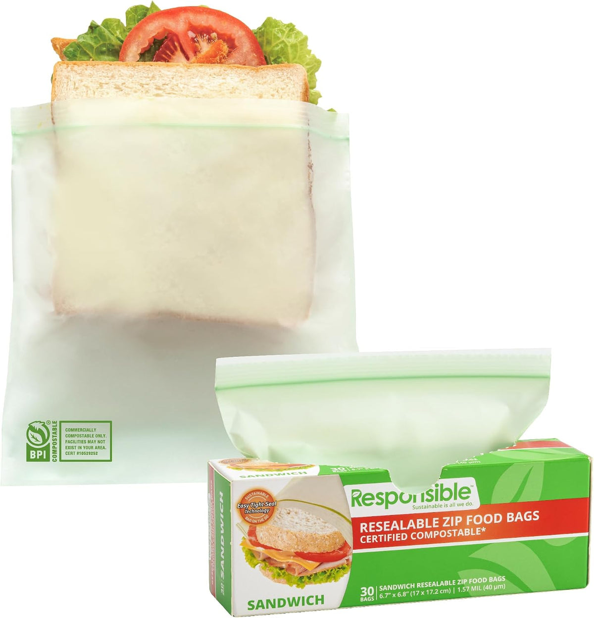 Responsible Products Certified Compostable SNACK Resealable Zip Bag, Extra Strength Food Bags, Plant-Based Freezer-Safe (40 Pack)