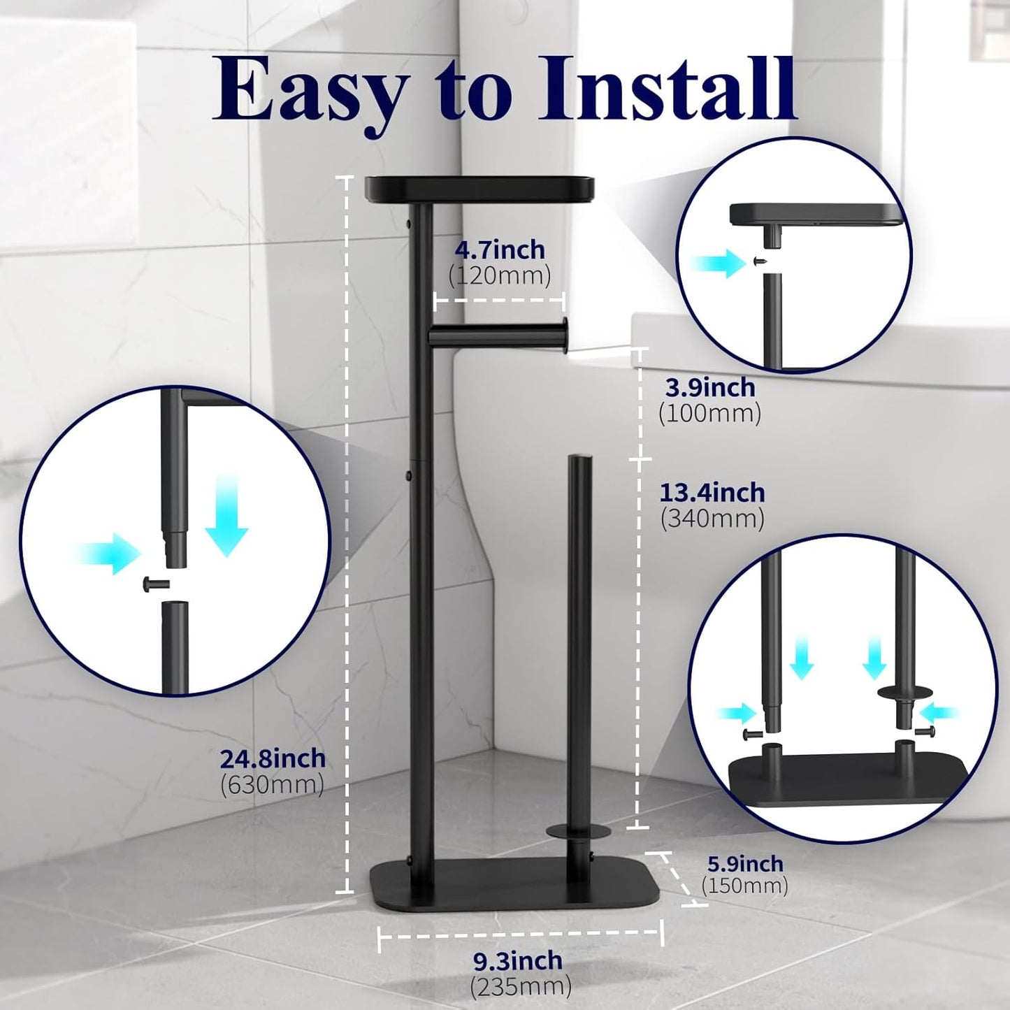 Kitsure Toilet Paper Holder Free Standing – Rustproof Metal Toilet Paper Stand for 4 Rolls with Anti-Slip Base and Shelf for Phone & Small Items, Bathroom Organizers and Storage, Medium, Black