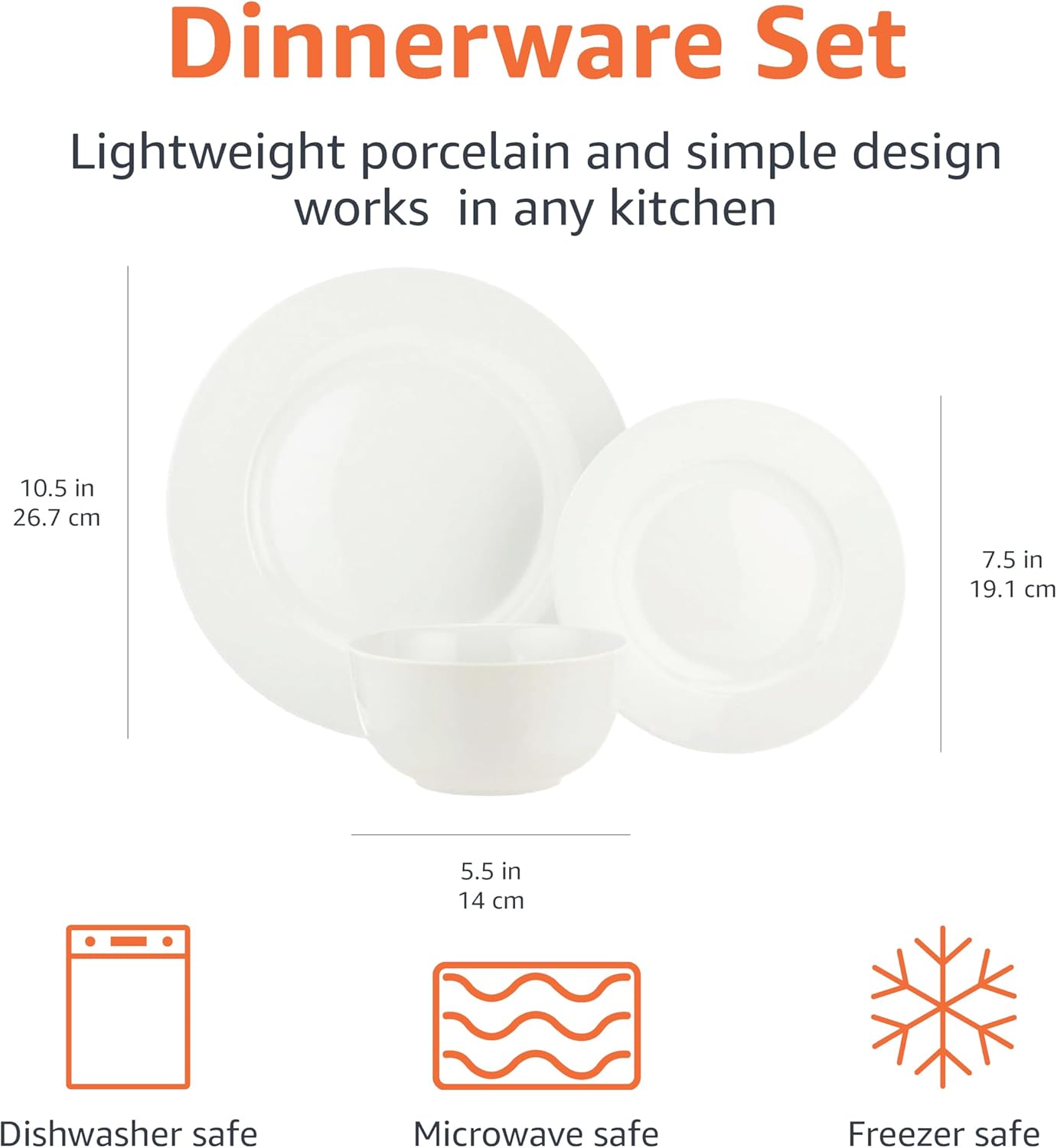 Amazon Basics Porcelain Dinnerware Set, Microwave and Dishwasher Safe, Service for 6, 18-Piece, Plates, Bowls, White