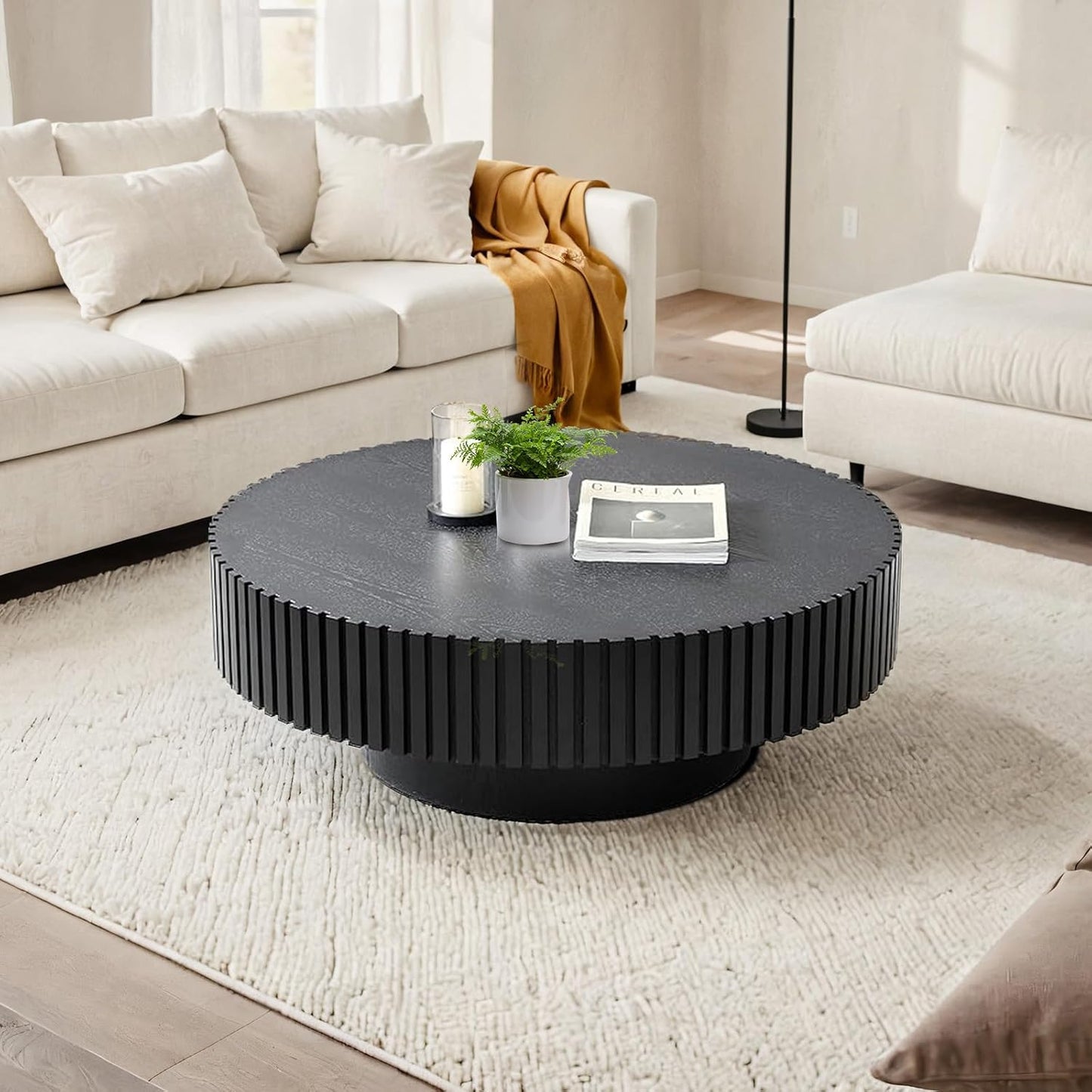 31.5'' Round Coffee Table (Round Black) | Modern Handcraft Drum Coffee Table, Unique Fluted, Wood Center Table, For Small Space, Farmhouse Apartment Office