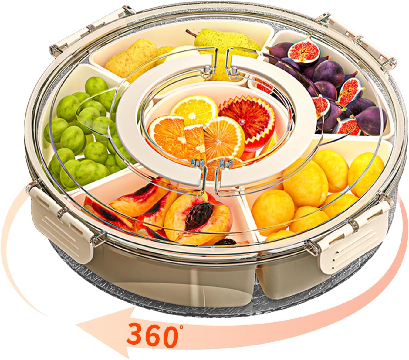 Divided Serving Tray with Lid and Handle, Stackable Snackle Box Container for Fruits Candy Organizer, Portable Spinning Rounded Veggie Tray for Kitchen, Party, Trave and Picnic-1 PACK