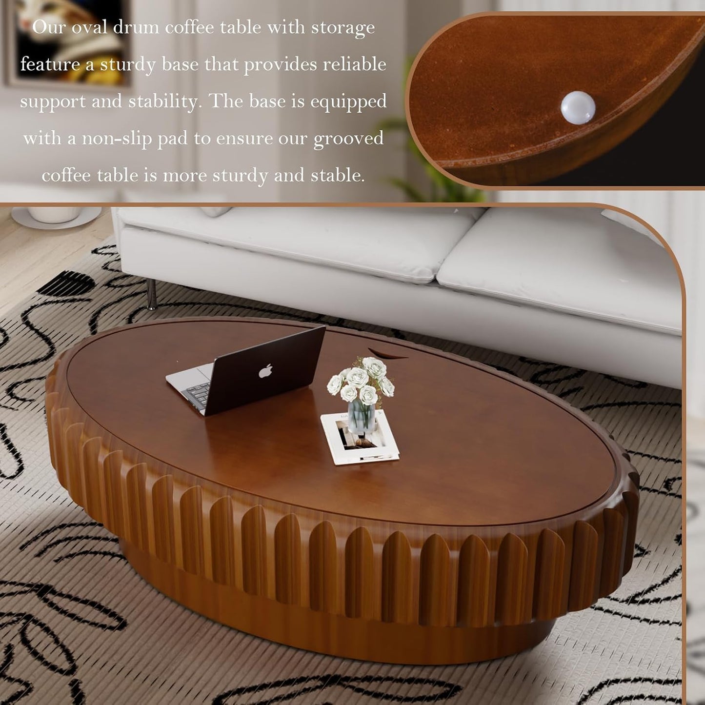 Chic Drum Coffee Table with Storage (D 43.3in) | 43.3" Rustic Oval Center Table - Solid Wood Fluted Veneer | Easy Assemble | for Living Room Apartment