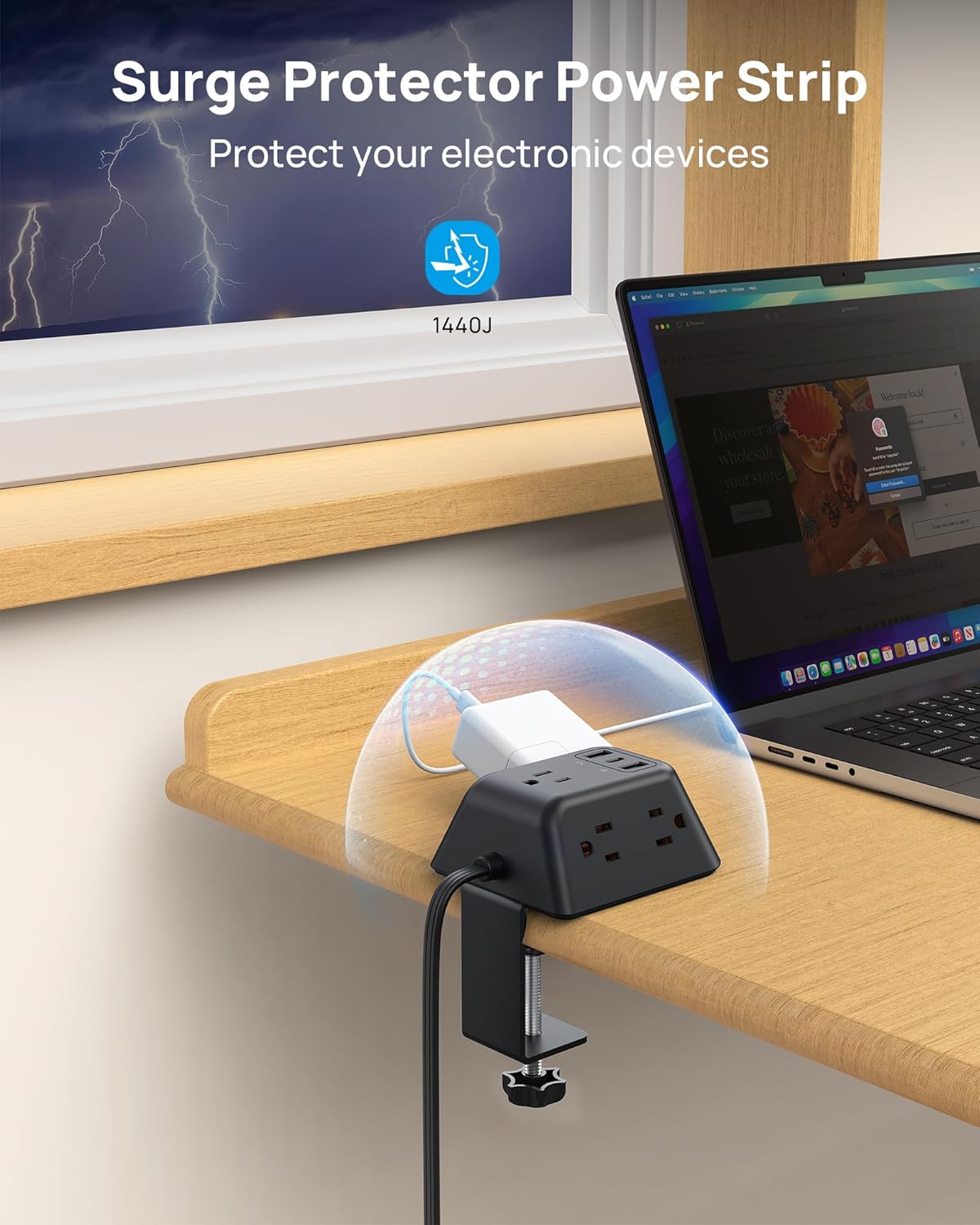 Desk Clamp Power Strip, Surge Protector with 5 AC Outlets and 3 USB Ports, Desk Mount Charging Station, Fit 1.97in Tabletop Edge Thick, 6FT Extension Cord, for Home Office Gaming Accessories, Black