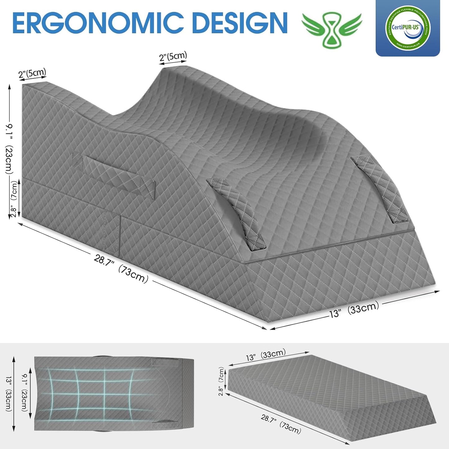 TranquilRelax Elevation Pillows for Leg After Surgery, Memory Foam Adjustable Wedge Pillow for Injury or Rest, Ankle Pillow for Sleeping Blood Circulation, Full Grey/Single Leg