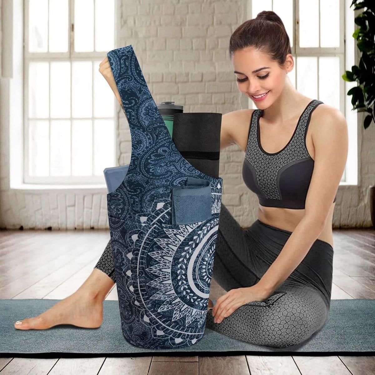 Yoga Mat Bag Carrier for Women with Side Large Pocket Durable Linen Workout Gym Travel Storage Pilates Mats