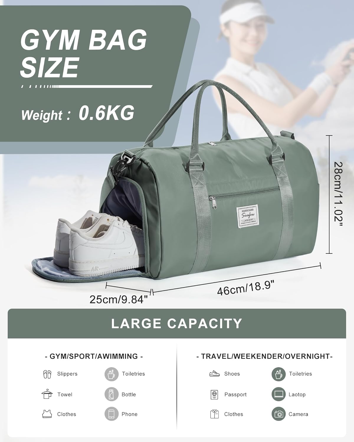 Gym Bag Womens Mens with Shoes Compartment and Wet Pocket Travel Duffel Bag for Women for Plane Sport Gym Tote Bags Swimming Yoga Waterproof Weekend Overnight Carry on Bag Hospital Holdalls