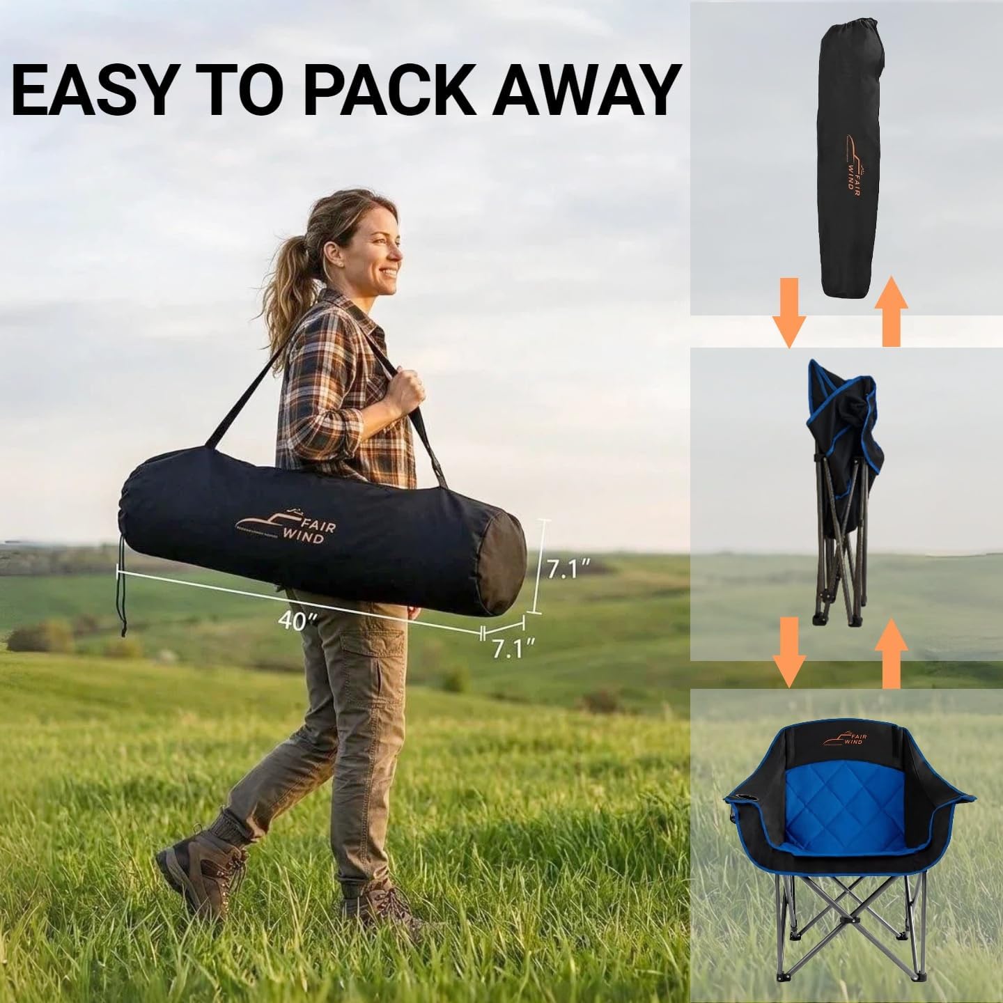 FAIR WIND 2 Pack Oversized Padded Camping Chair Heavy Duty Quad Fold Arm Chair Portable for Outdoor - Support 500LBS, Blue