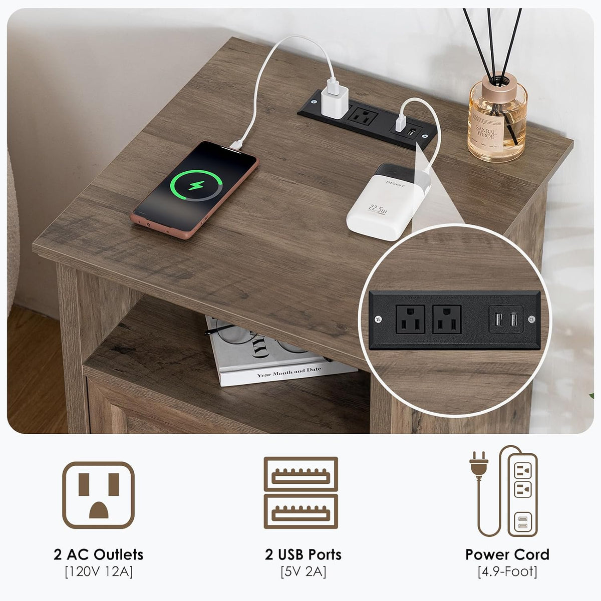 HOMMPA Farmhouse Nightstand w/Charging Station, Open Shelf 23.6''H Greige