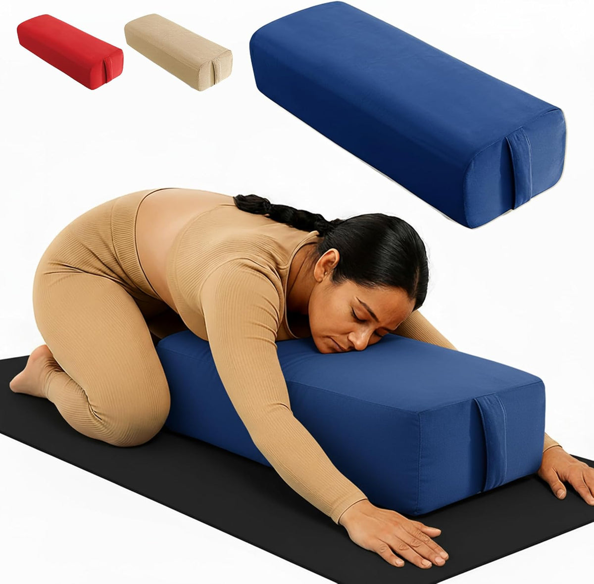 Rectangular Yoga Bolster Pillow for Meditation, Yoga & Back Support – Soft Meditation Cushion with Removable Hand Wash Cotton Cover & Carry Handle (Blue)