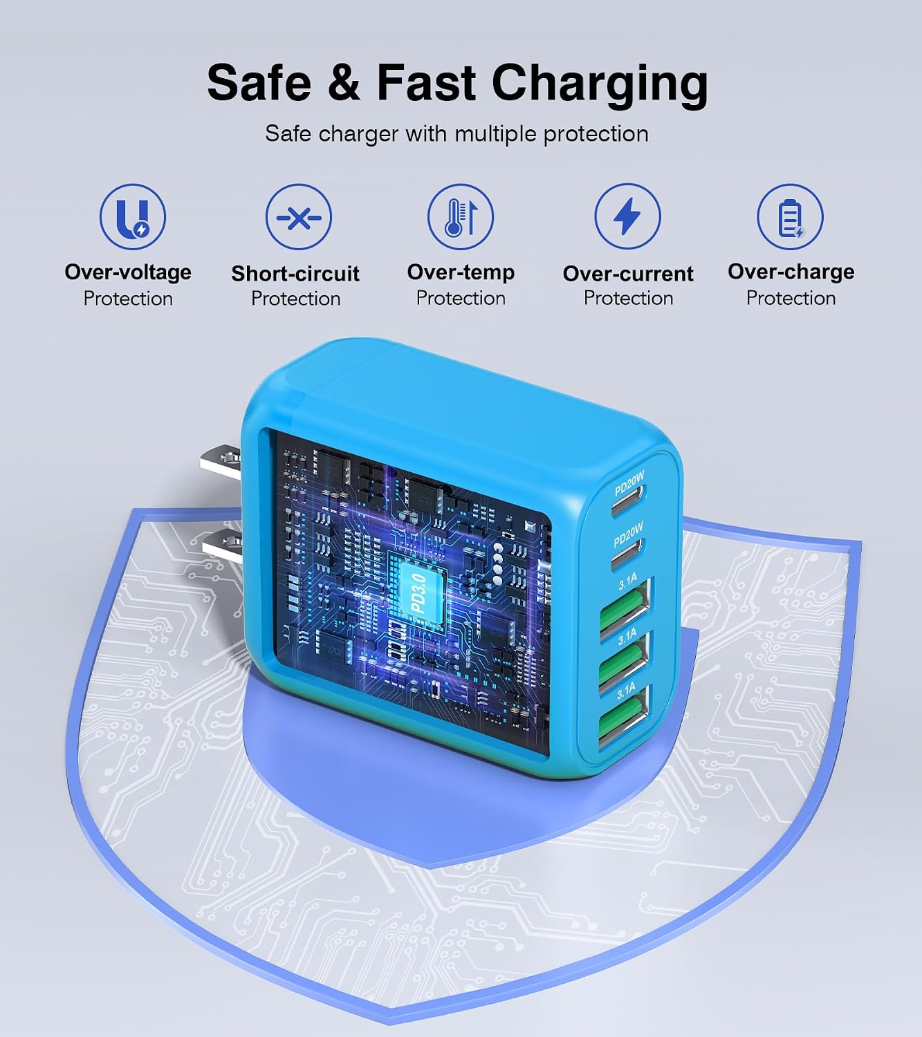 2-Pack USB C Wall Charger Block,50W 5-Port C Charger Fast Charging Block PD Power Adapter +QC Multiport Type C Box Charger Cube USB A Wall Plug for iPhone 14/15/16/17 Pro Max,Samsung Galax