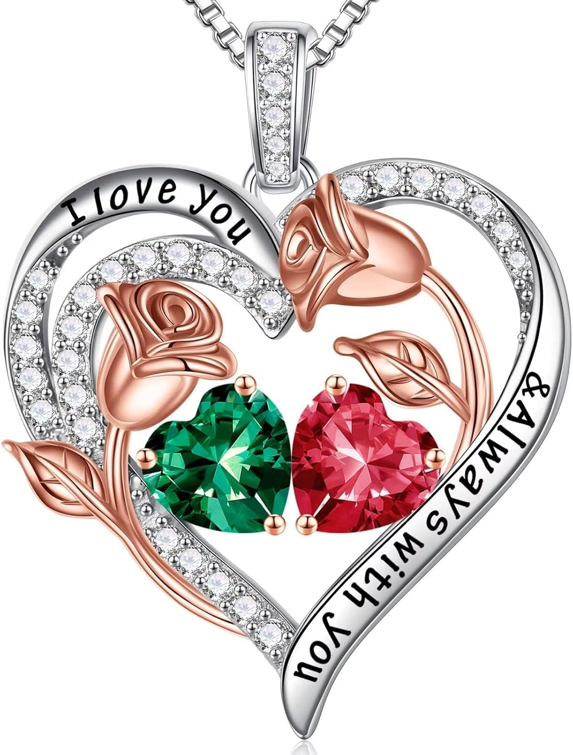 Iefil Birthstone Necklace for Women - Rose Heart Necklace