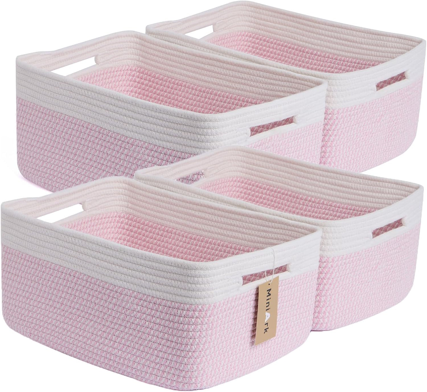 MiniArk Large Storage Baskets for Organizing, 17 x 13 x 7.5” Closet Shelf Baskets for Clothes Blanket Towels, Baby Nursery, Toy Bins Box, Woven Rope Baskets, 4 Packs Woven Pink