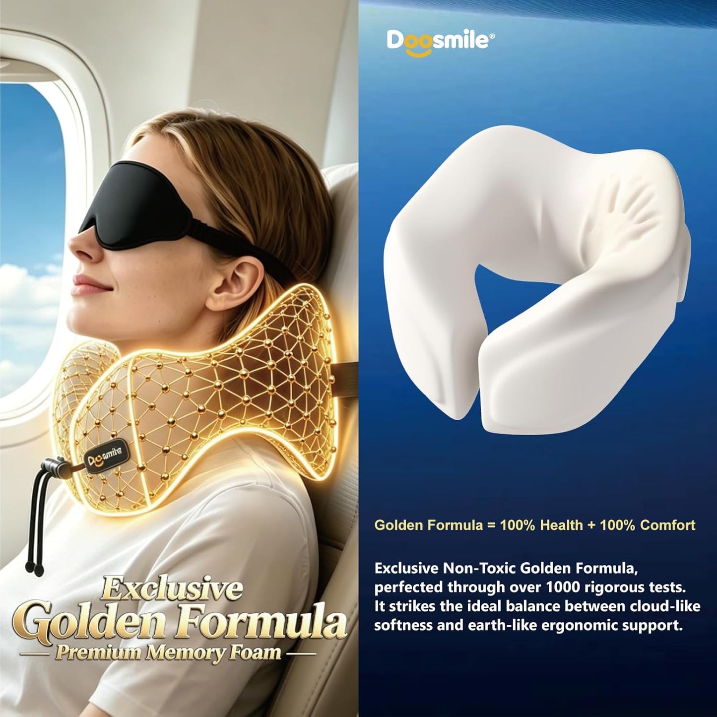 Patented Head-Bobble-preventing Ergonomic 360° Supporting Golden Formula Memory Foam Travel Neck Pillow w/3D Contoured Eye Mask Set Long Trip Sleeping Essentials for Airplane Flight Car Bus