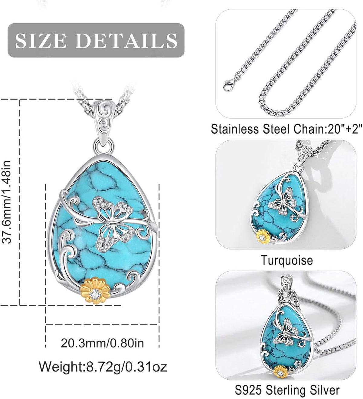 EUDORA Moonstone Turquoise Necklace for Women S925 Sterling Silver, Angel Tears Water Droplets Pendant Grandma Necklace Jewelry for Women Gifts for Mother in Law Mothers Day Gifts for Mom, 20"