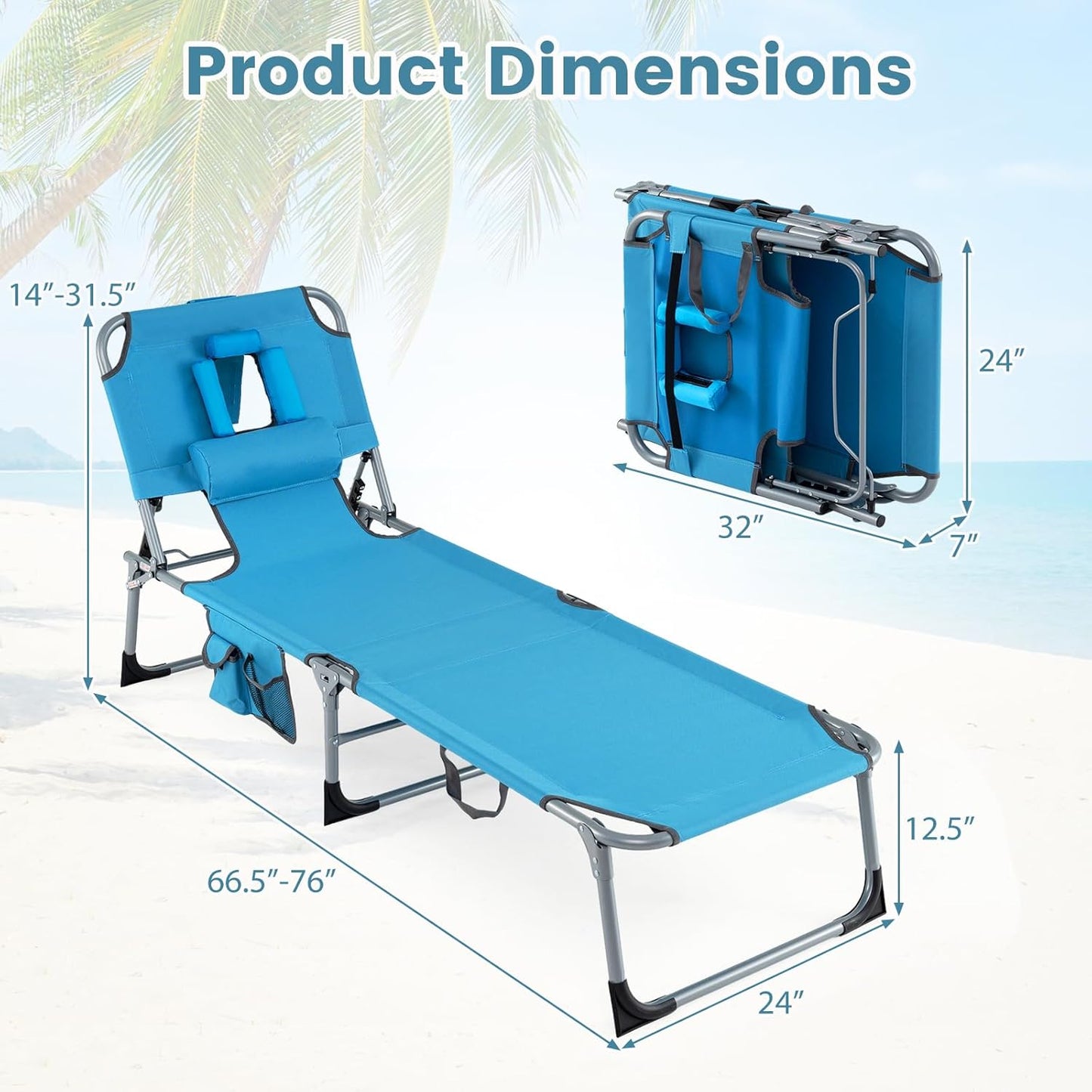 COSTWAY Tanning Chair with Face Hole, Folding Beach Lounge Chair with 4-Position Adjustable Backrest, Pillow & Side Pocket, Foldable Chaise Lounge Chair Outdoor for Sunbathing, Camping (1, Blue)