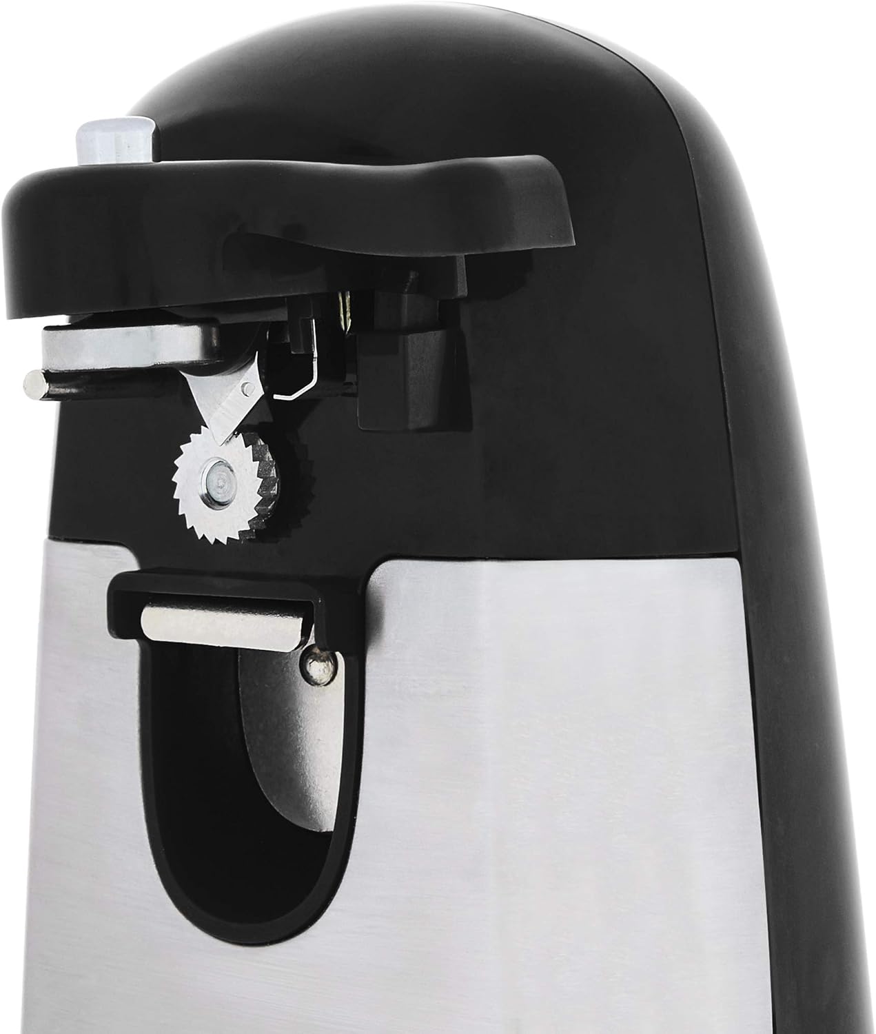 Amazon Basics 3-In-1 Electric Can Opener, Bottle Opener and Knife Sharpener with Stainless Steel Blade, Magnetic Lid Holder, Safe, Easy to Use, Powerful, Sleek Design, 50W, Black