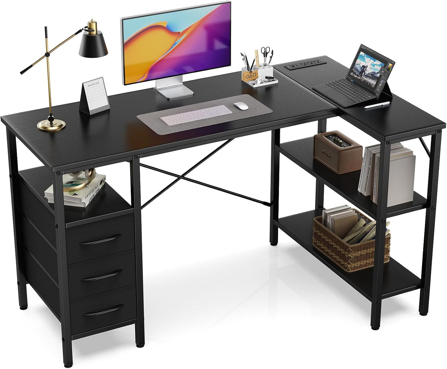 Simple Deluxe L Shaped Gaming Desk with Power Outlets, 47 Inch Computer Desk with 3 Drawers, Shelves, Corner Computer Desk for Gaming, Corner Work, Home Office, Study, Rustic Brown