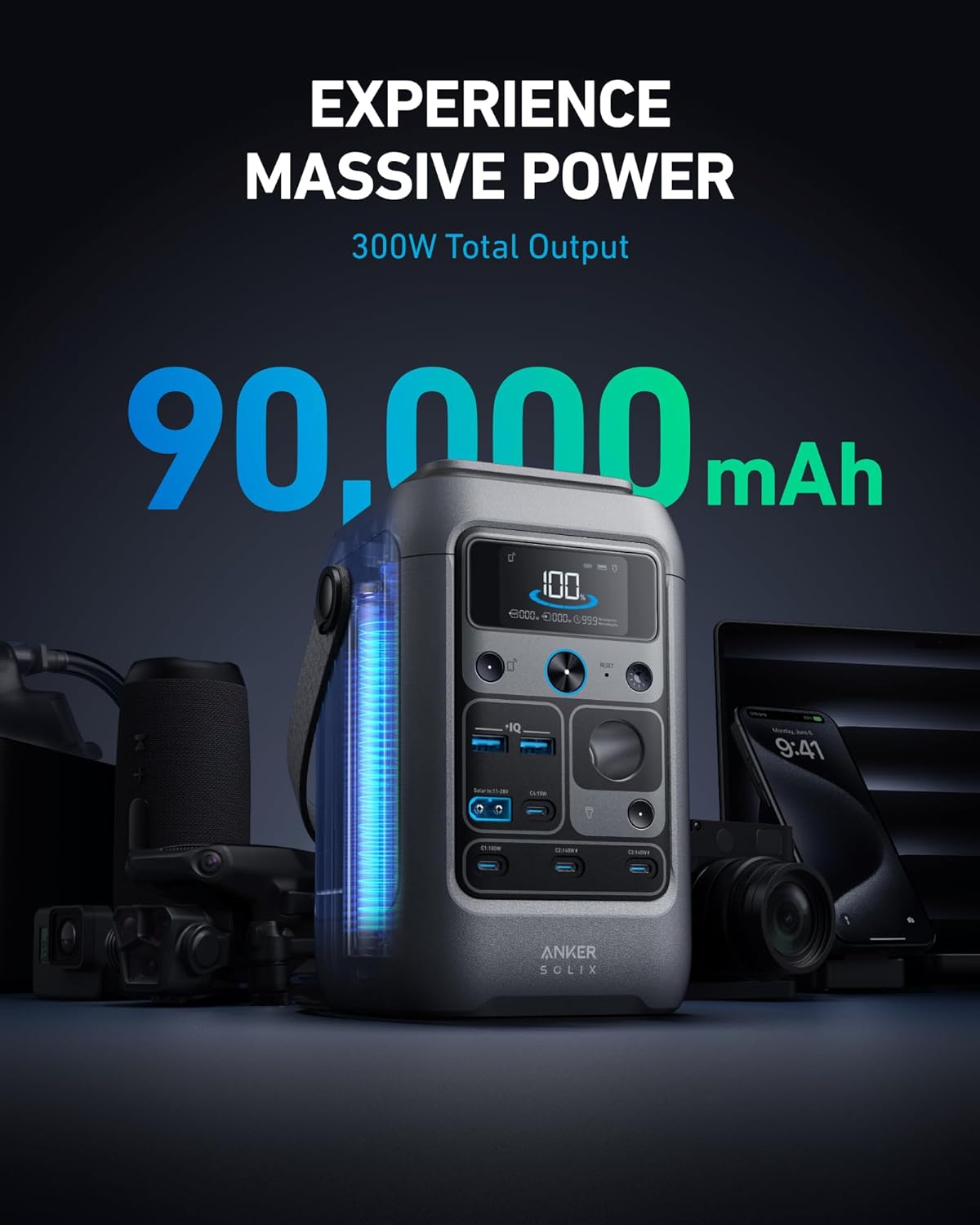 Anker SOLIX C300 DC Power Bank Station, Outdoor 288Wh Portable Power Station, LiFePO4 Battery, 300W Solar Generator, for Camping, Traveling, and Emergencies (No Wall Charger Included)
