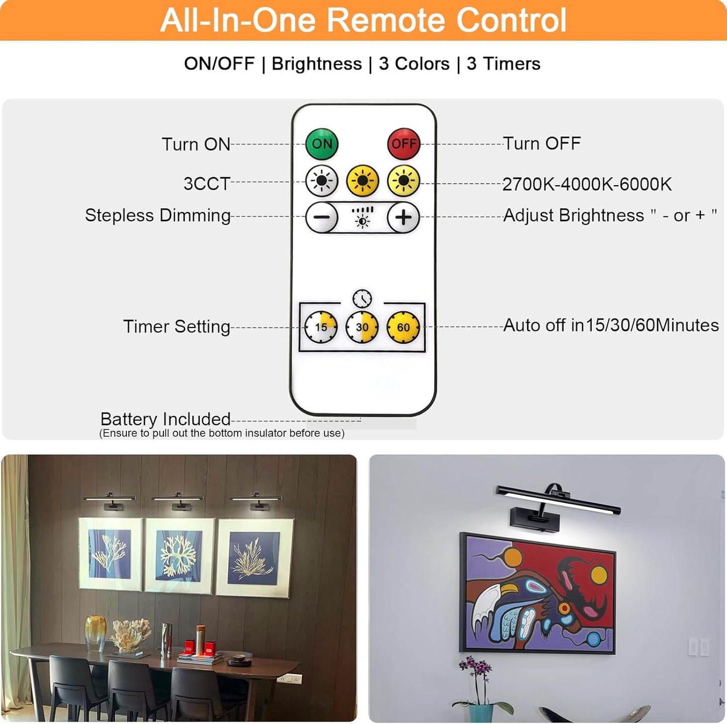 Tassuowell Wireless Battery Operated Picture Light,Rechargeable Wall Light with Remote and Timer,15.75 Inch Black Dimmable Painting Light,3CCT with Adjustable Swing Arm for Display Gallery Lighting