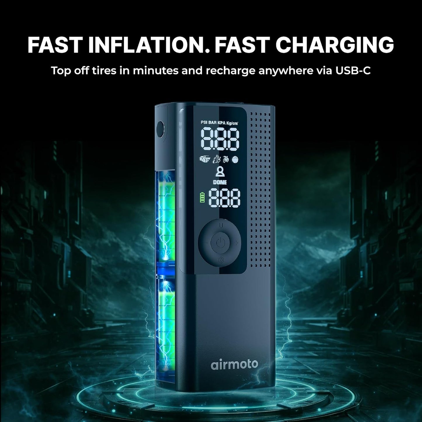 Airmoto Tire Inflator Portable Air Compressor - Air Pump For Car Tires with Digital Pressure Gauge, LED Light and Auto Shut-Off Function - Cordless Pump for Car, Motorcycle, Bicycle, Ball