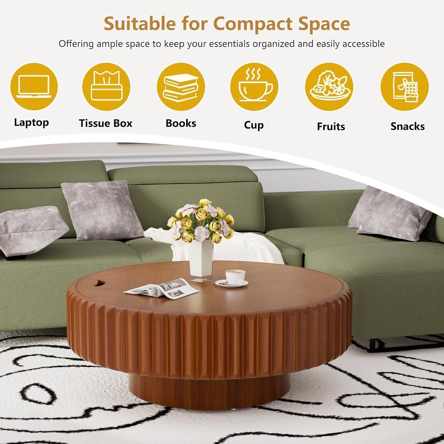 31.5'' Round Coffee Table with Storage for Living Room, Modern Circle Drum Fluted Coffee Table with Wood Veneered Circle Center Tables for Small Space Apartment (A31.5IN)