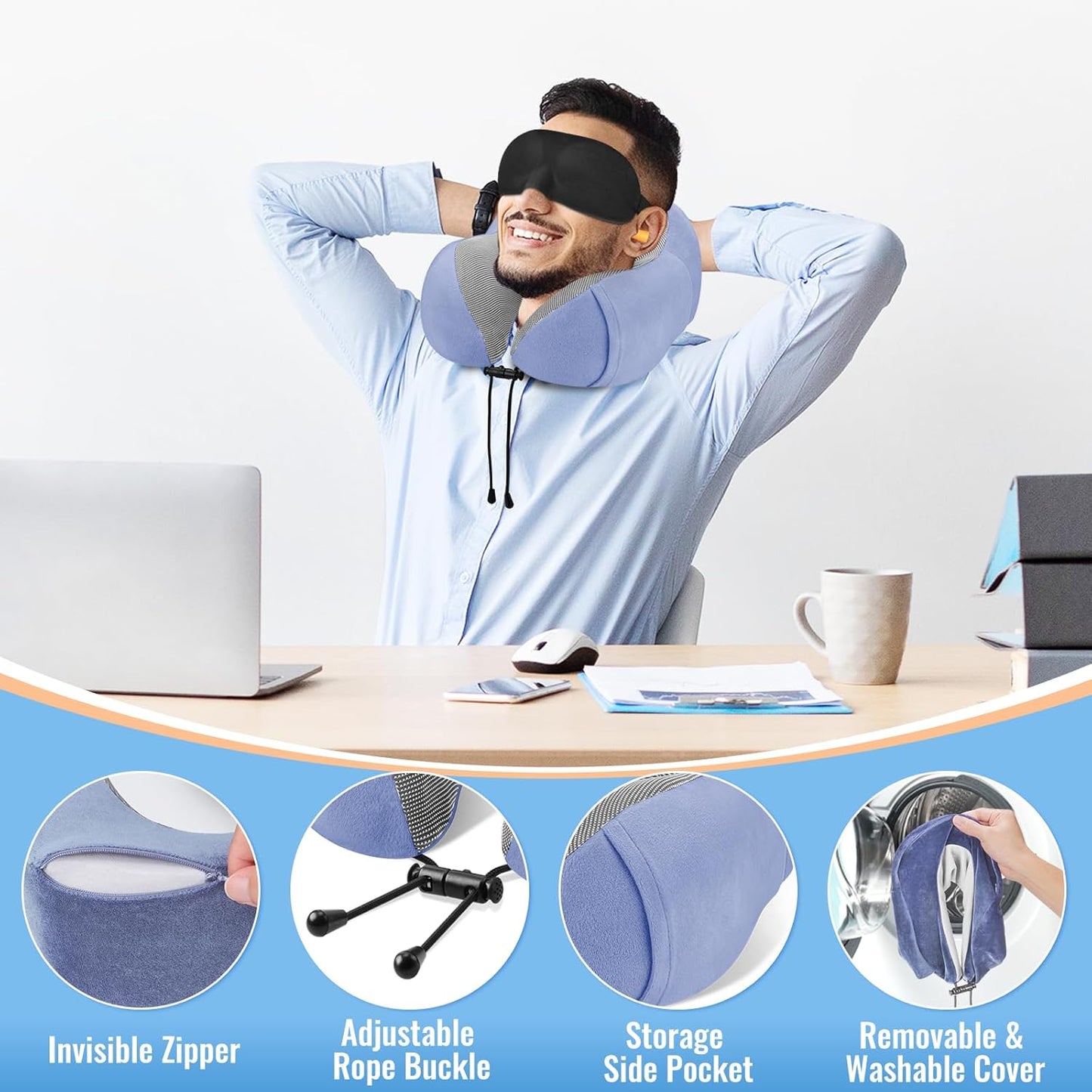 CloudBliss Travel Pillows for Airplane, 2 Pack Memory Foam Neck Pillow for Travel, Airplane Pillow for Long Flight, Car & Office Use, Plane Accessories with Eye Mask, Earplugs, Carry Bag, Black & Blue