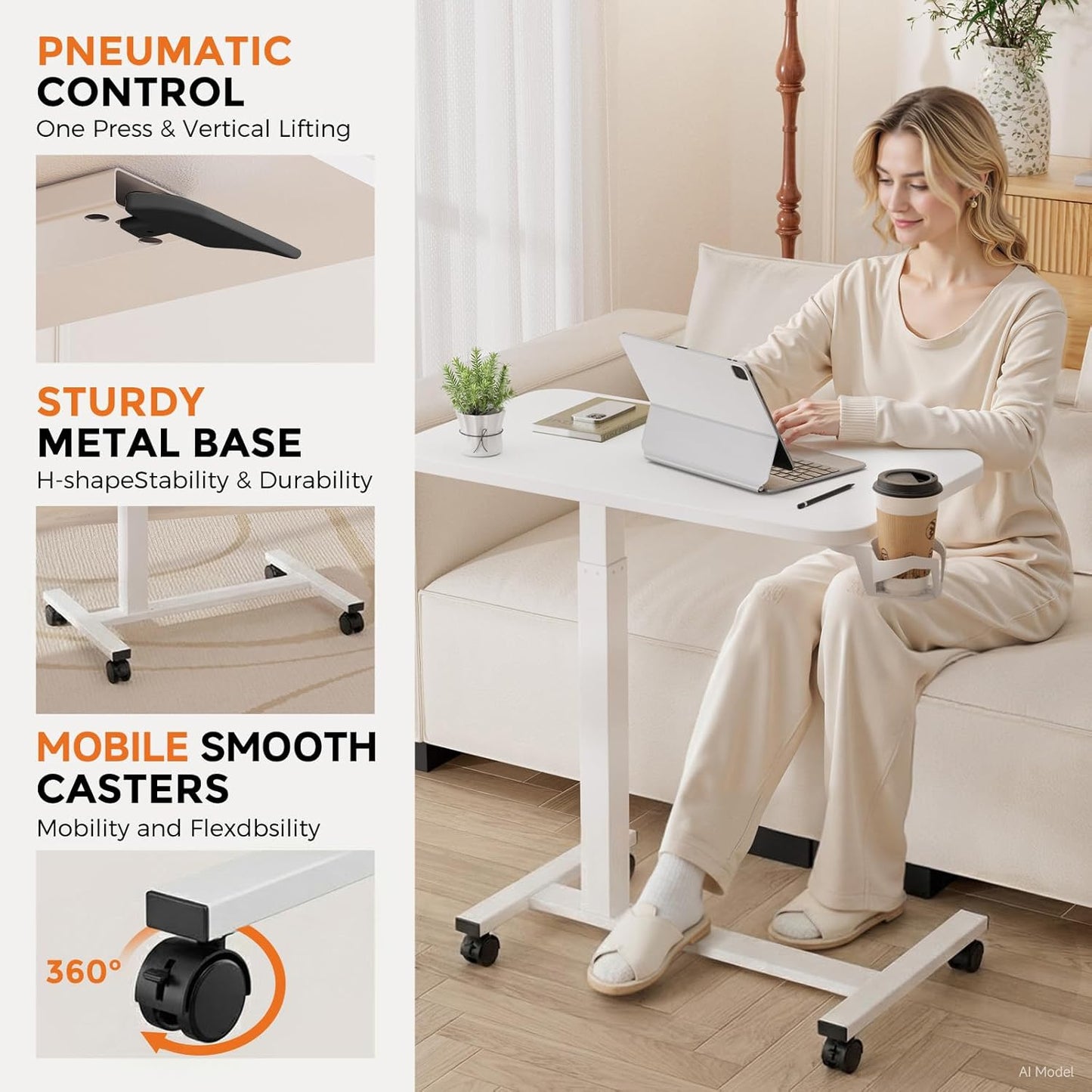 GTPLAYER Small Standing Desk with Wheels, Pneumatic Mobile Rolling Laptop Desk, Adjustable Height Overbed Bedside Table Computer Workstation for Home Office (28" W x 16" D, White)