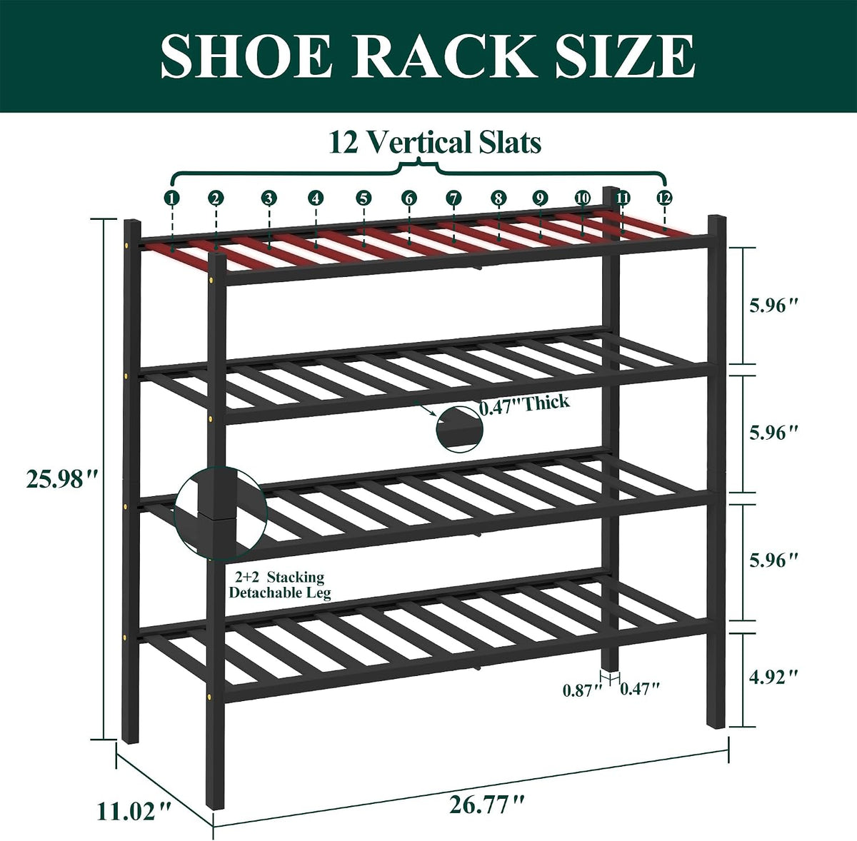 Smiry Bamboo Shoe Rack, 12 Vertical Slats, 4 Tier - 26.8" Wide, Black