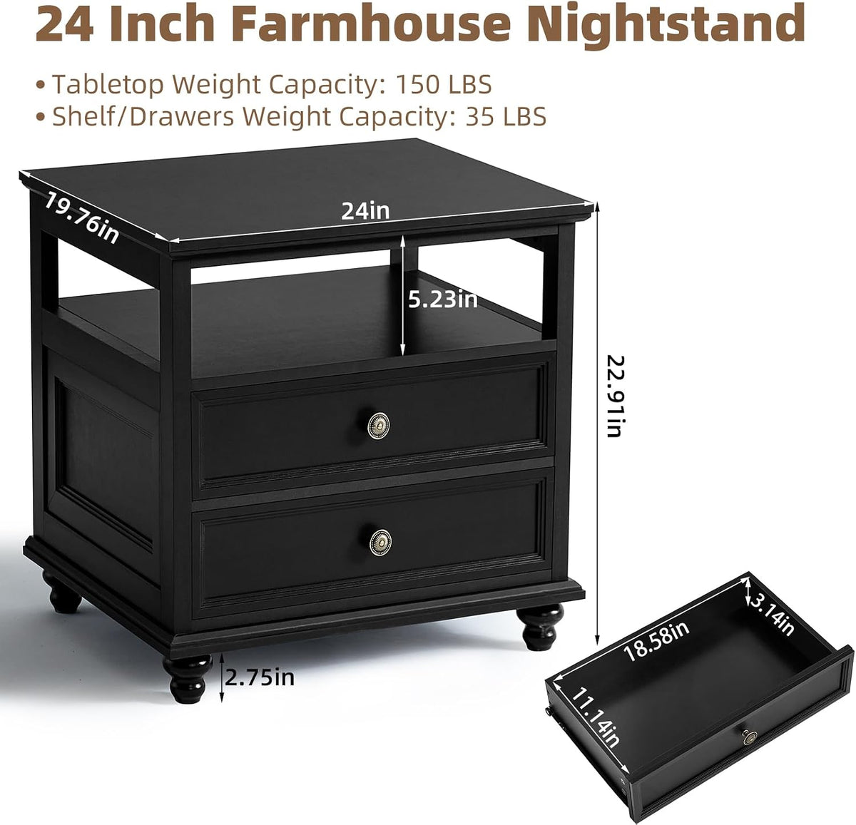 Joaxswe 24" Wide Farmhouse Night Stand Set of 2,Large End Table with 2 Drawers & Metal Handle,Black Wood Dresser for Bedroom, Bed Side Table Chest of Drawers Cabinet, Nightstand for Living Room,Closet