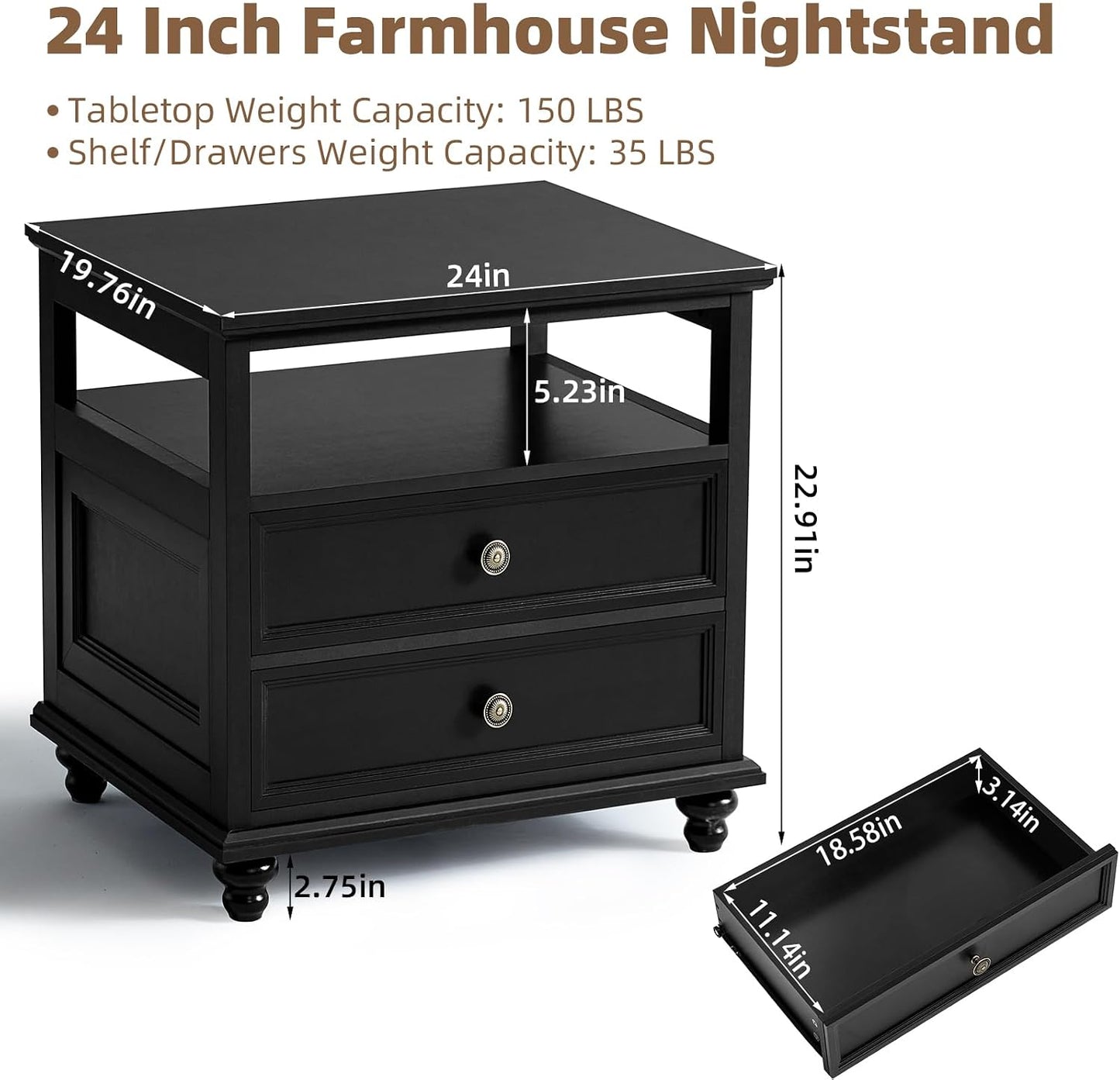 Joaxswe 24" Wide Farmhouse Night Stand,Large End Table with 2 Drawers & Metal Handle,Wood Dresser for Bedroom, Black Bed Side Table Chest of Drawers Cabinet,Nightstand for Living Room,Closet