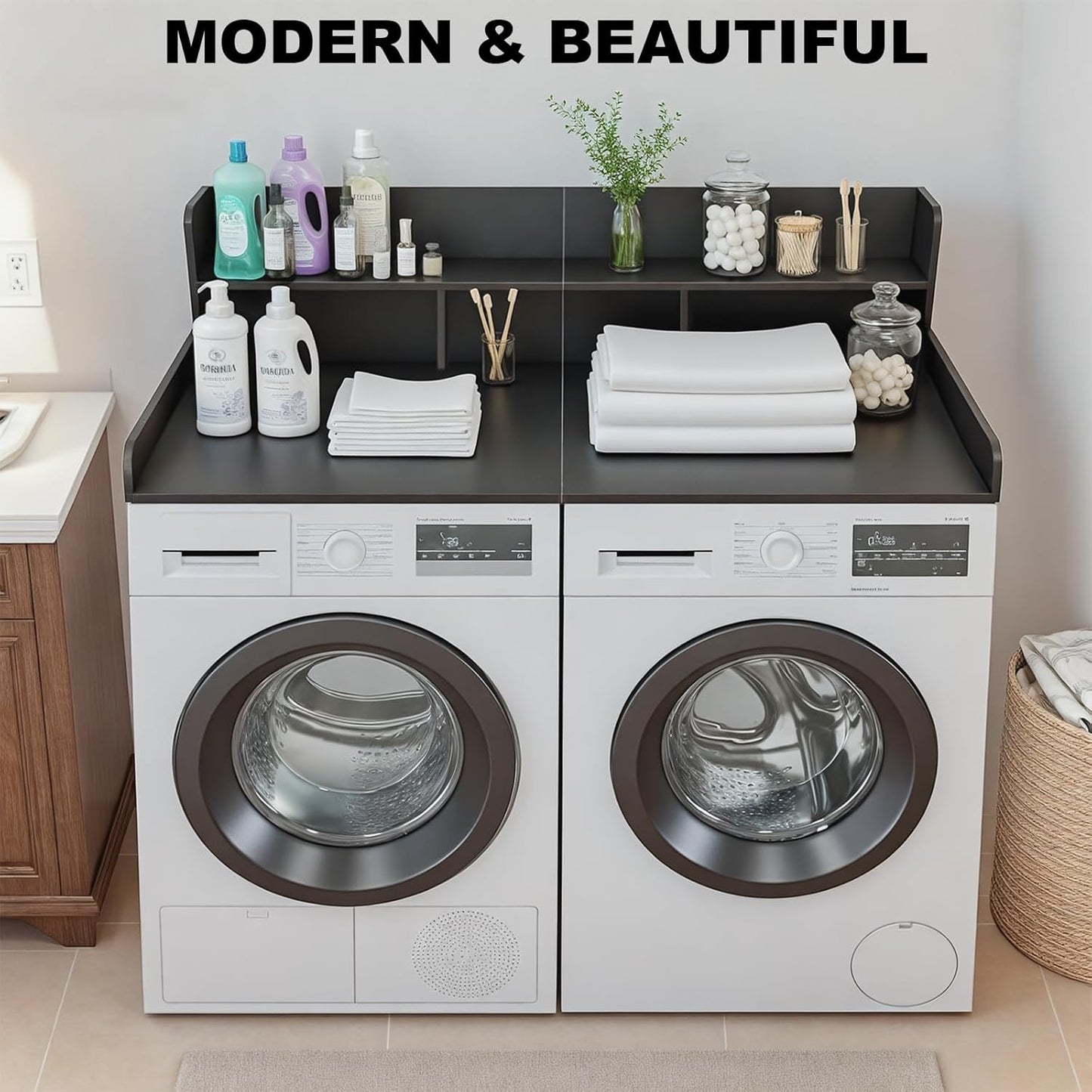 Washer Dryer Countertop with Shelf, 2-Tier Laundry Countertop Over Washer and Dryer, 54" x 27.55" Wooden Table for Folding Clothes for Laundry Room Organization and Storage (Black)