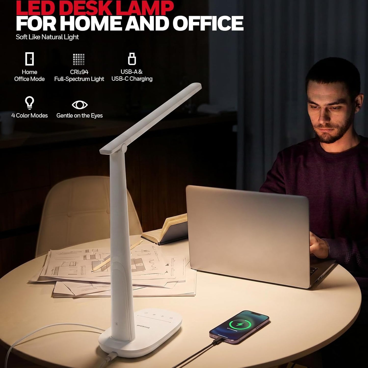 Honeywell LED Desk Lamp for Home Office, Eye-Caring Dimmable Reading Light with 4 Color Modes, Touch Control, USB-A & USB-C Charging Ports, Adjustable Head, Timer for Bedroom & Small Desks