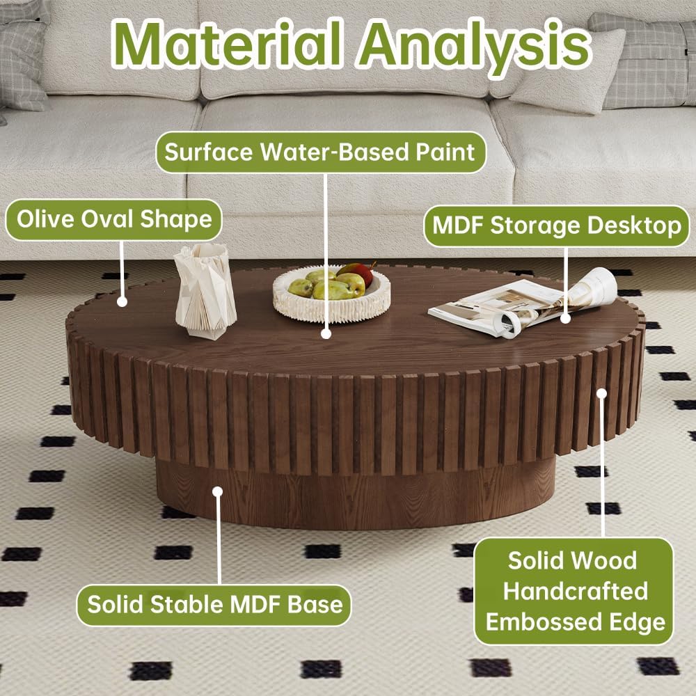 Oval Fluted Coffee Table (Oval Brown 43.3in) | Drum Coffee Tables for Living Room | Modern Pedestal Center Table