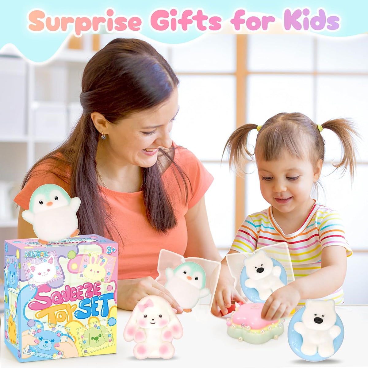 NINAOR Squishy Fidget Toys 4Pcs, Cute Penguin Bunny Pool Dog Squeeze Sensory Toys for Kids Stress Relief Gifts Treasure Box Toys for Classroom Birthday Party Favors Easter Stocking Stuffers for Teens