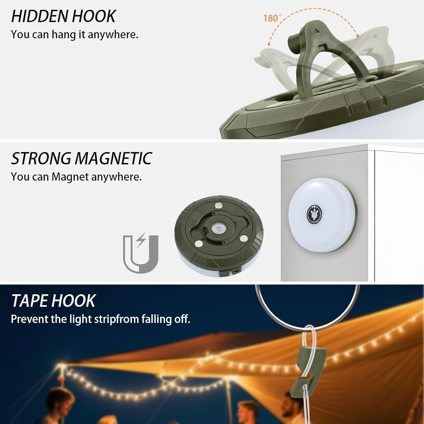 Camping String Lights, 4 in 1 Portable Camping Light Rechargeable, 8 Lighting Modes, USB Charging, Quick Storage, 32.8FT Waterproof Tent Lights String for Camping, Hiking, Yard, Christmas