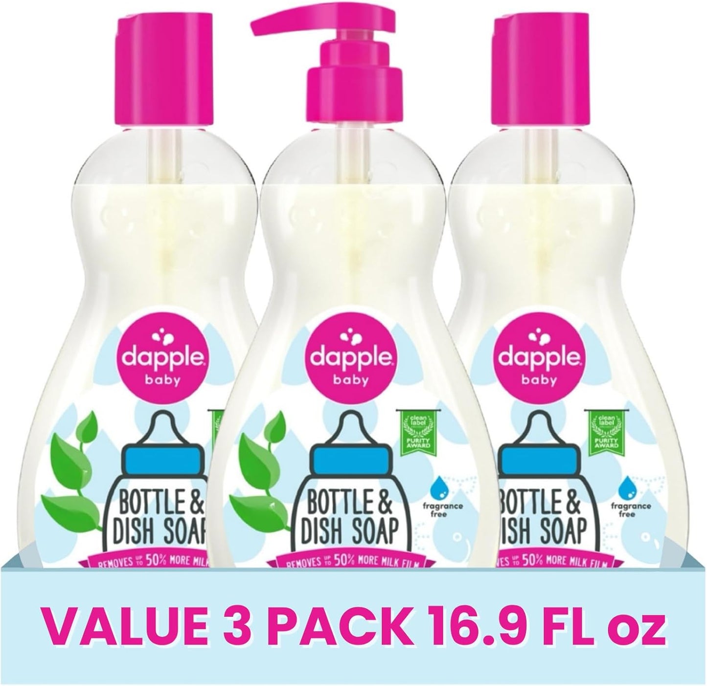 Dapple Baby Fragrance Free Bottle & Dish Soap - (3 Pack) 16.9 fl oz - Cleans Baby Bottles, Sippy Cups, Pacifiers, Breast Pumps, & More - Gently Removes Milk Film & Odors - Includes 1 Pump