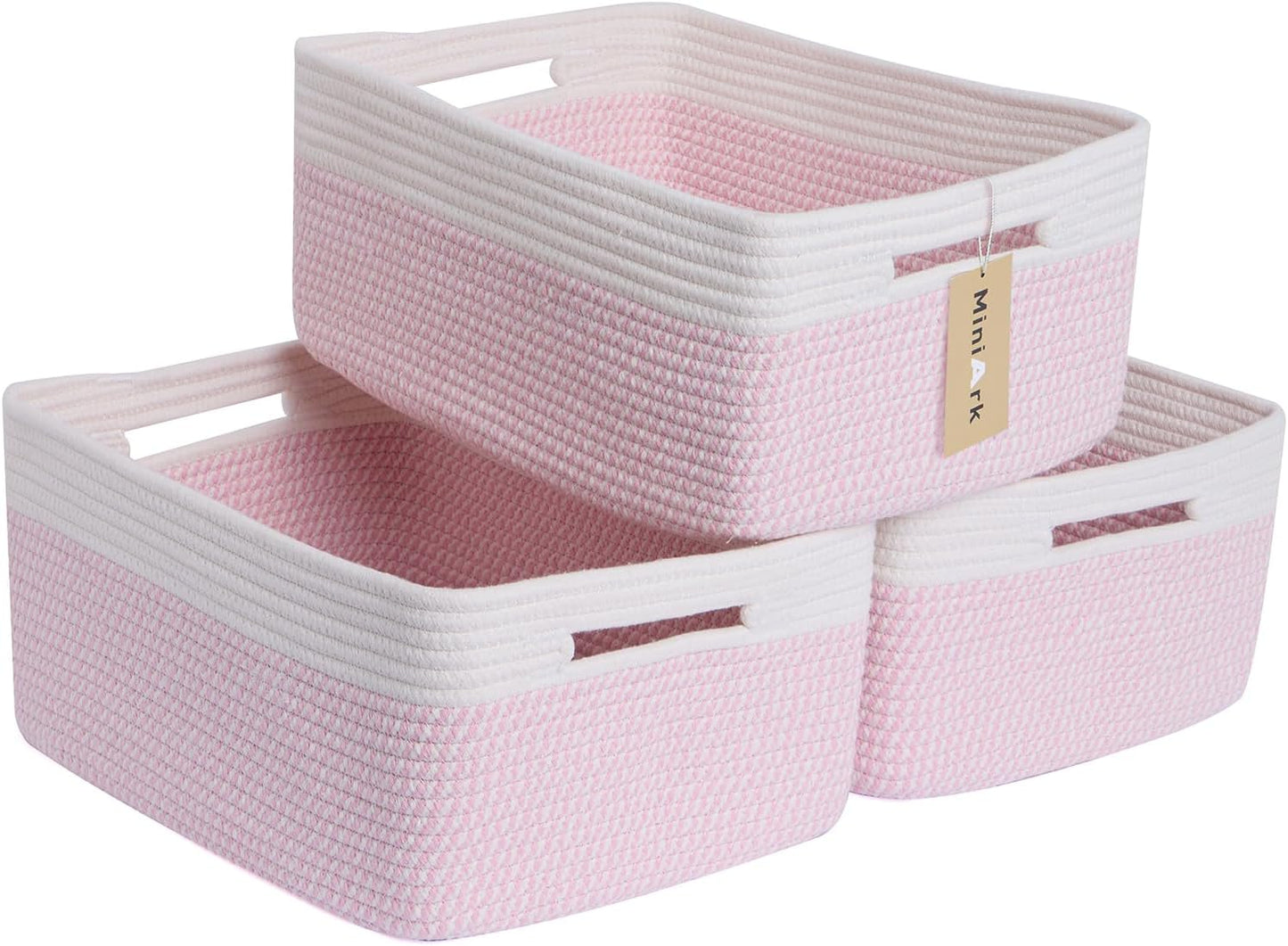 MiniArk Large Storage Baskets for Shelves, 17 x 13 x 7.5” Closet Organizers Bins for Clothes Blanket Towels, Baby Nursery, Toy Baskets Box, Woven Rope Baskets, 3 Packs Woven Pink